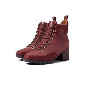 Vionic Spencer Leather Lace Up Heeled Boots in Port